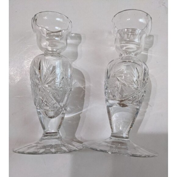 Lead Crystal Candle Holders Etched Design, Vintage Pair German Democratic Republ - Picture 2 of 8